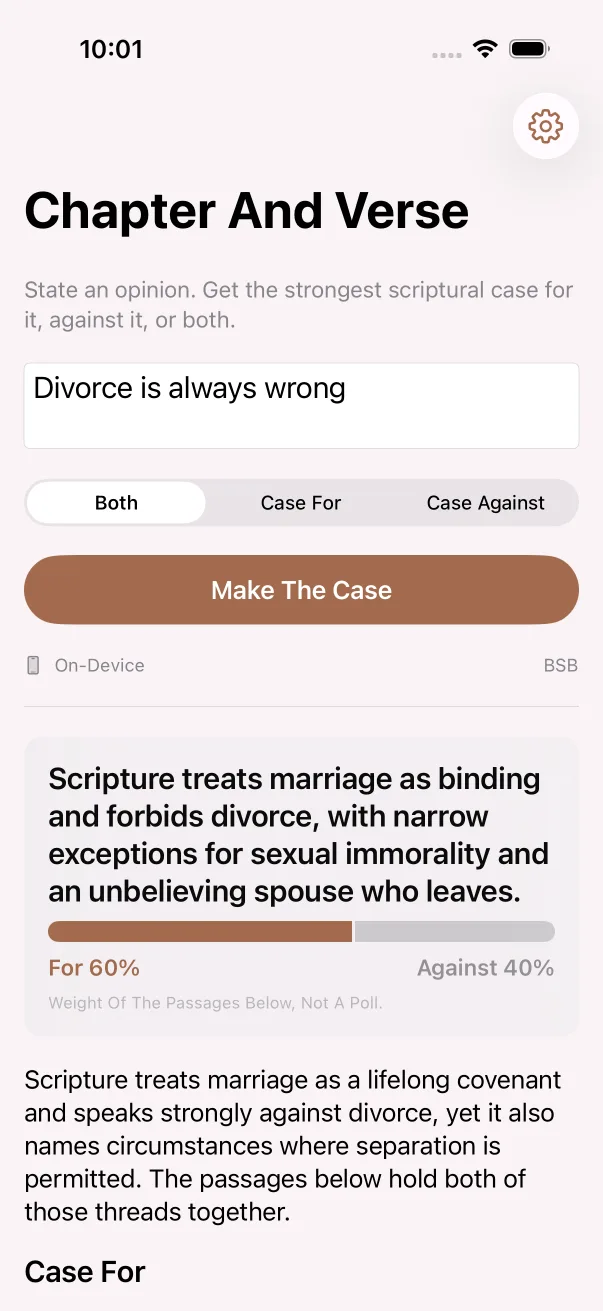 Chapter And Verse showing the opinion “Divorce is always wrong” with the verdict, the for-and-against bar, and Malachi 2:16 quoted in full.