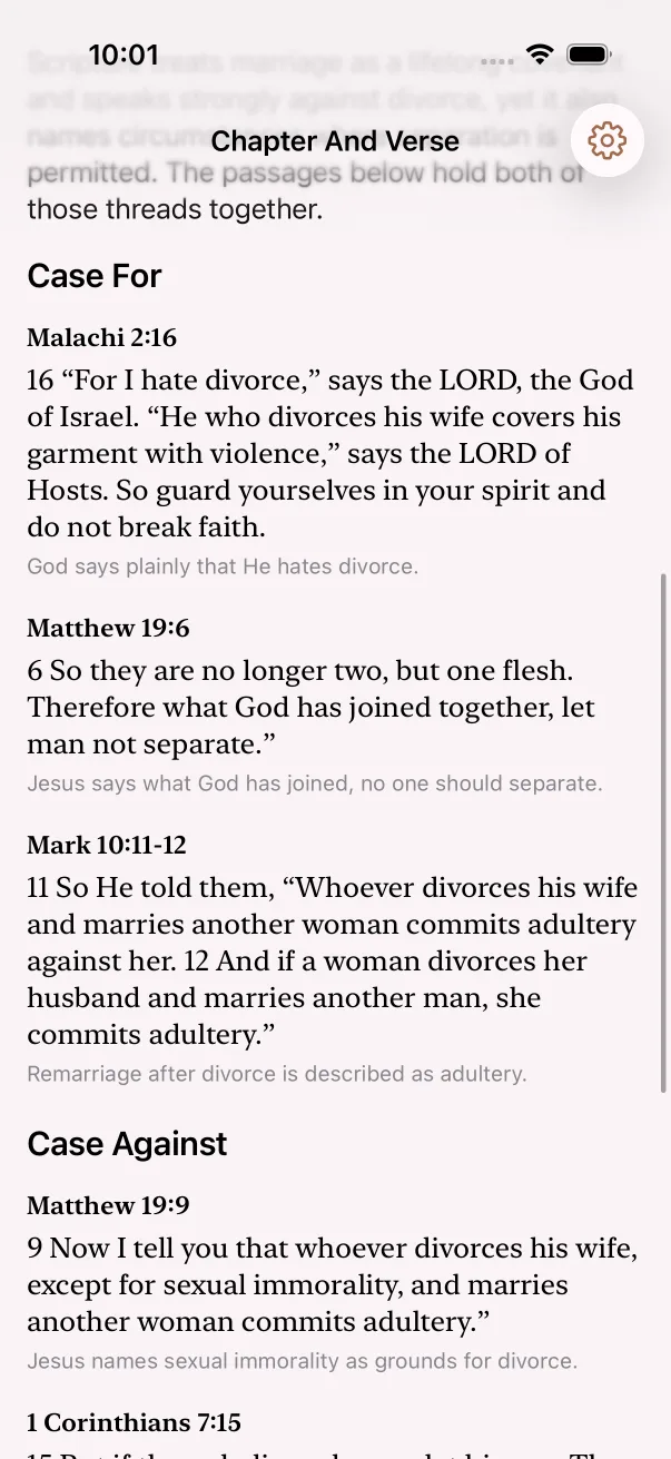 Further down the same result: Matthew 19:6 and Mark 10:11-12 under Case For, then Case Against with Matthew 19:9 and 1 Corinthians 7:15, each with its verse text and a one-line reason.