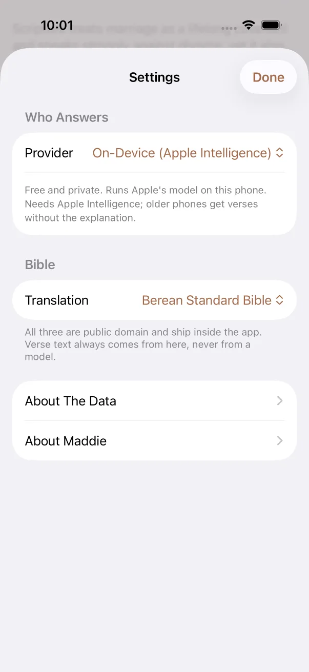 Settings: Provider set to On-Device (Apple Intelligence), Translation set to Berean Standard Bible, and links to About The Data and About Maddie.
