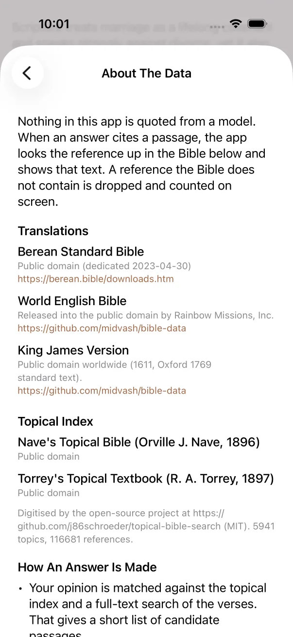 About The Data: the three translations with their licences, the topical index sources, and how an answer is made.